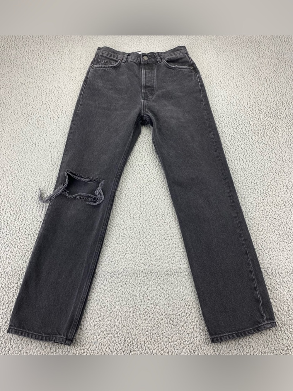 Black Women's High-Rise Straight Jeans with Distressed Knee